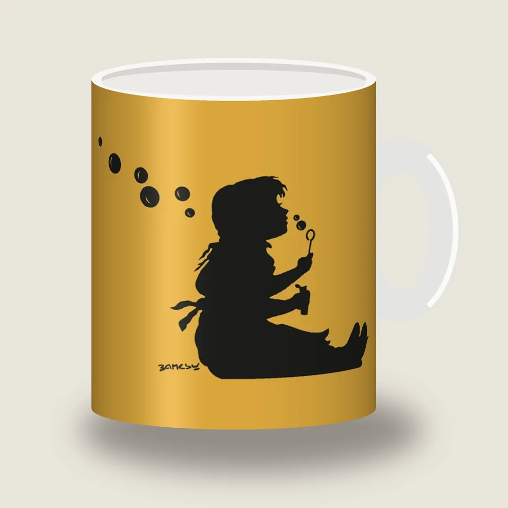 Banksy Bubble Girl stencil blowing bubbles