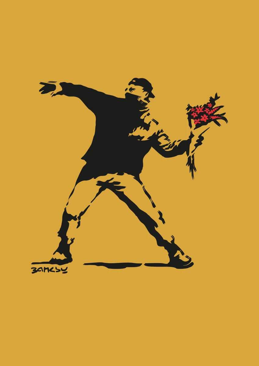 Banksy Flower Thrower protester throwing a red bouquet