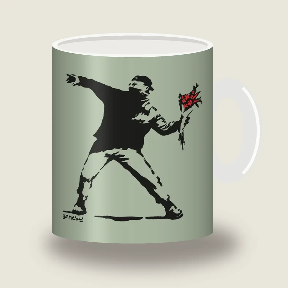 Banksy Flower Thrower protester throwing a red bouquet