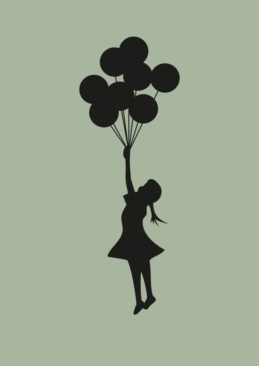 Banksy girl floating away holding a bunch of balloons