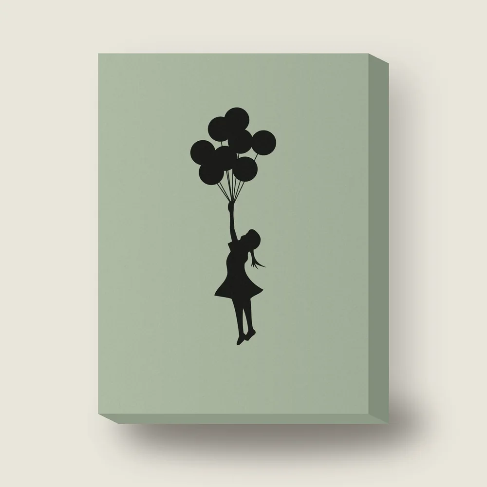 Banksy girl floating away holding a bunch of balloons