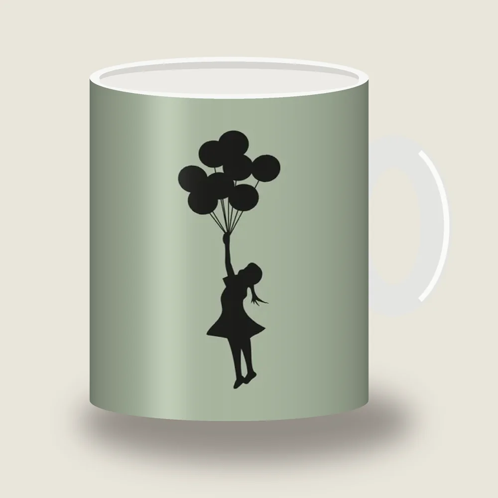 Banksy girl floating away holding a bunch of balloons