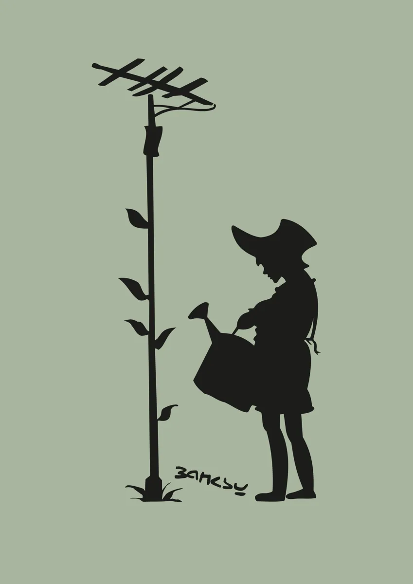 Girl with watering can and flower growing from an aerial stencil