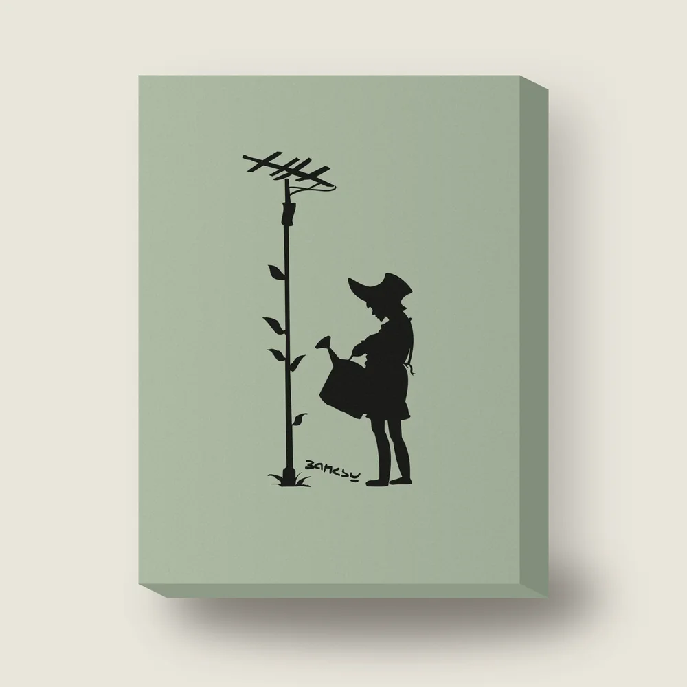 Girl with watering can and flower growing from an aerial stencil