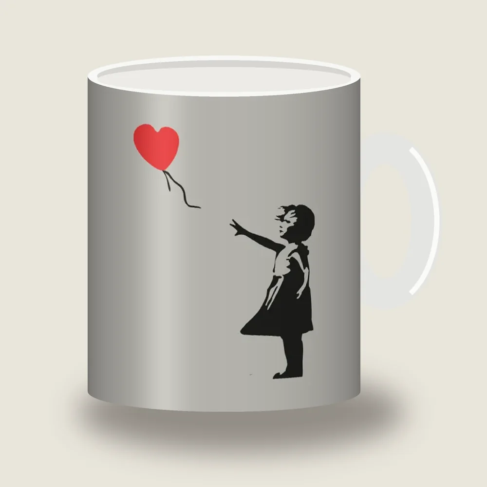 Banksy Girl with Balloon stencil with red heart-shaped balloon