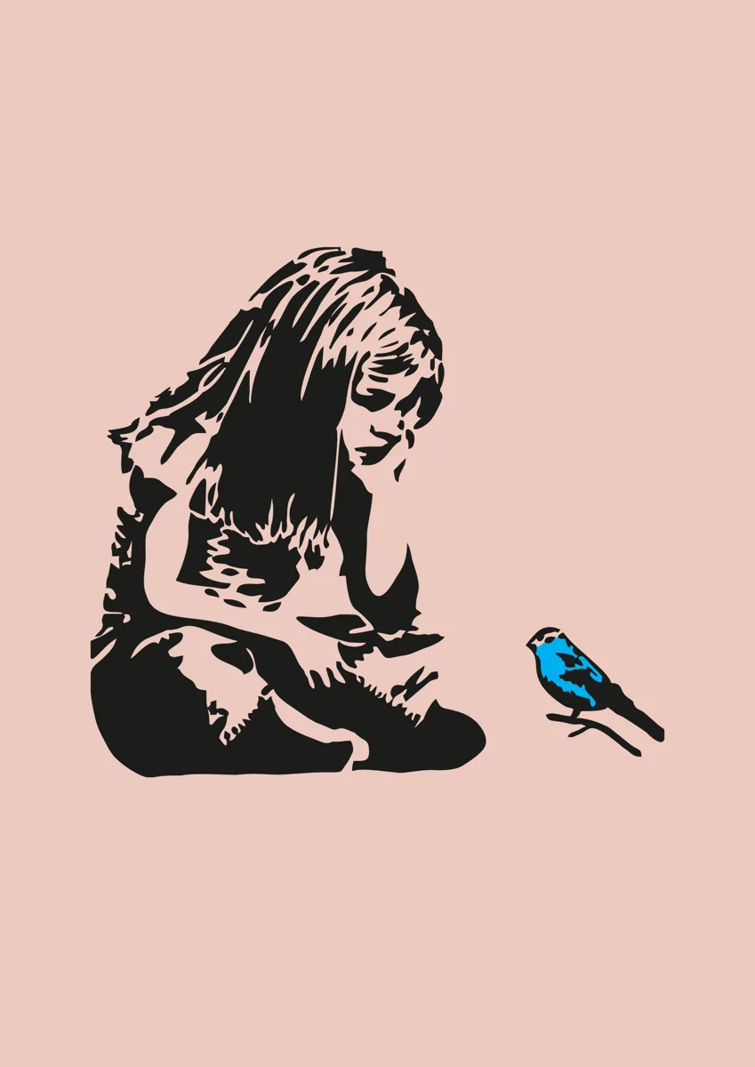 Girl sitting with a small blue bird stencil art