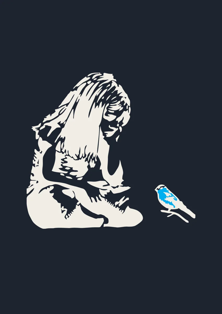 Girl sitting with a small blue bird stencil art