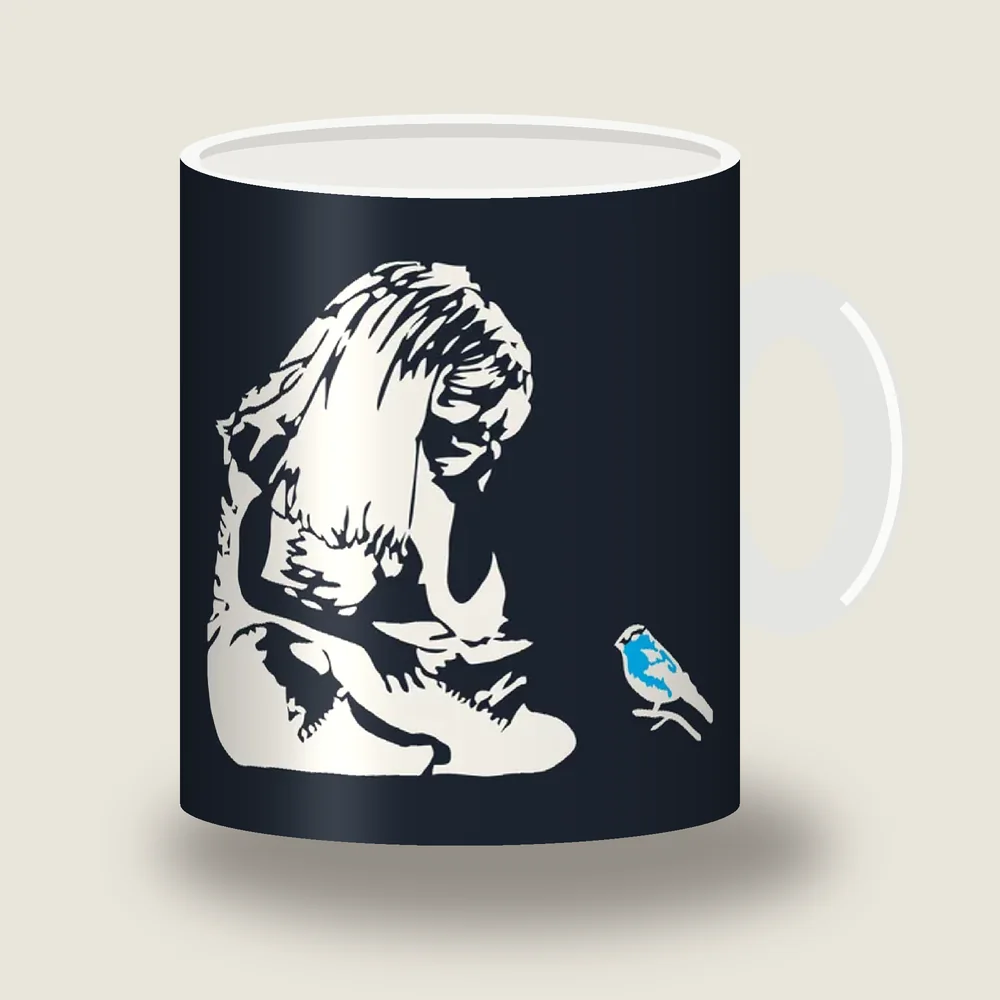 Girl sitting with a small blue bird stencil art