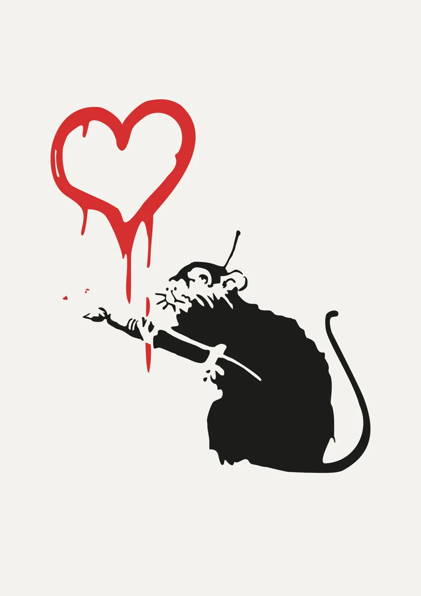 Banksy Love Rat stencil painting a dripping red heart