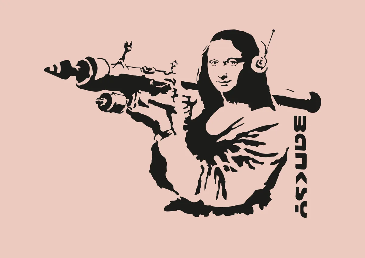 Mona Lisa with bazooka and headphones Banksy stencil
