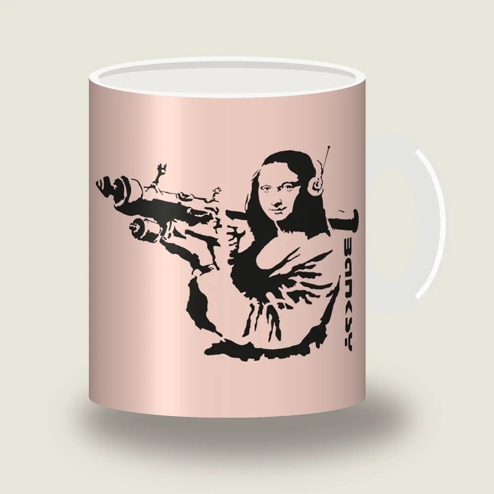 Mona Lisa with bazooka and headphones Banksy stencil