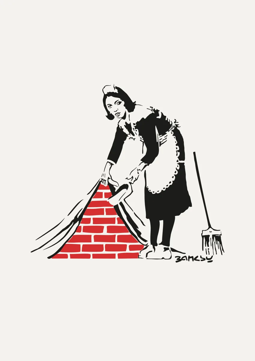 Banksy maid sweeping dust under the carpet revealing red bricks