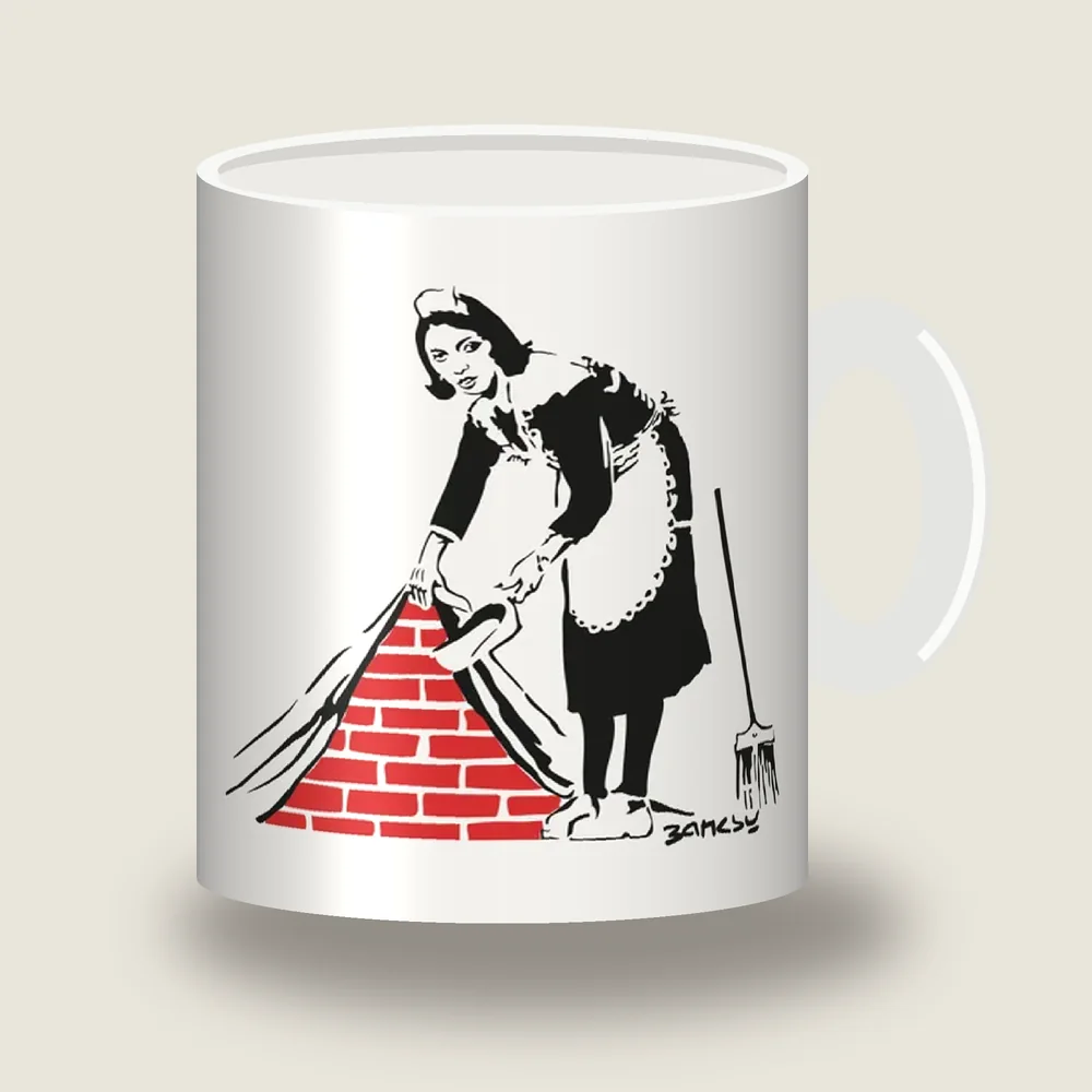 Banksy maid sweeping dust under the carpet revealing red bricks