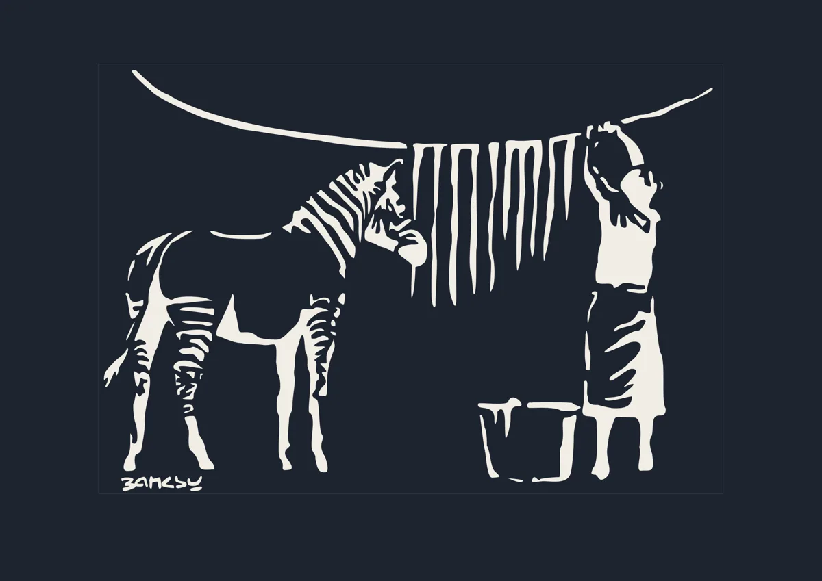 Banksy Zebra Stripes woman hanging zebra stripes on a washing line
